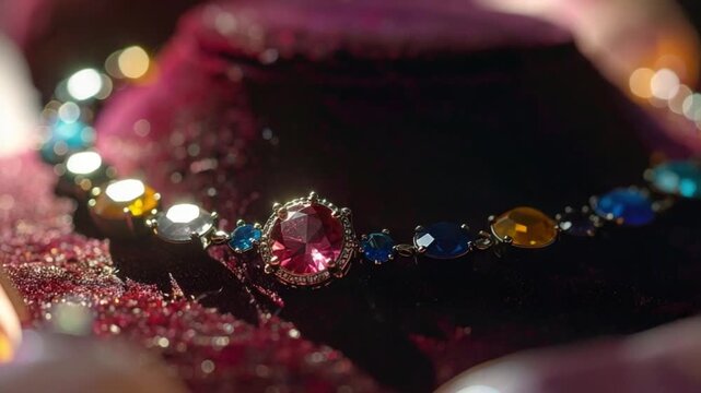 Luxurious gemstone necklace with vibrant colorful jewels on velvet