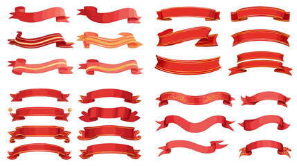 Red ribbon banner set with curled and waving strips, hand drawn watercolor style decorative labels and scrolls, isolated on white background for sale and promo design