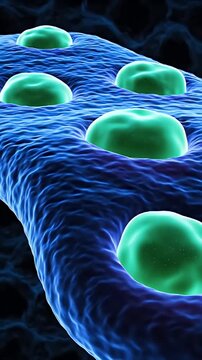 Cinematic CGI Visualization of Cell Membrane Aging with Cellular Structures in Deep Blue and Green Tones Illuminated by Soft Glow on a Dark Background