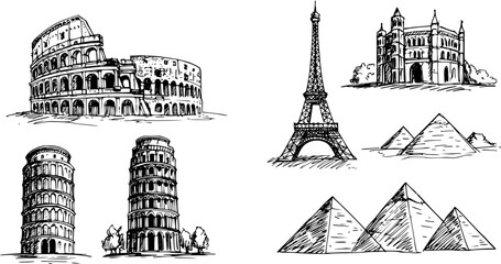 Hand-drawn sketch collection of famous global landmarks: Colosseum, Eiffel Tower, Pyramids, and Leaning Tower of Pisa illustrations. © kulinadsgn