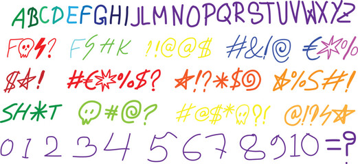 Hand drawn collection of colorful alphabet letters numbers and various symbols showing censorship or expressive characters.
