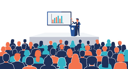 Obraz premium A male speaker is presenting a bar chart on a screen from a stage to a large, diverse audience seen from behind, on a white background.