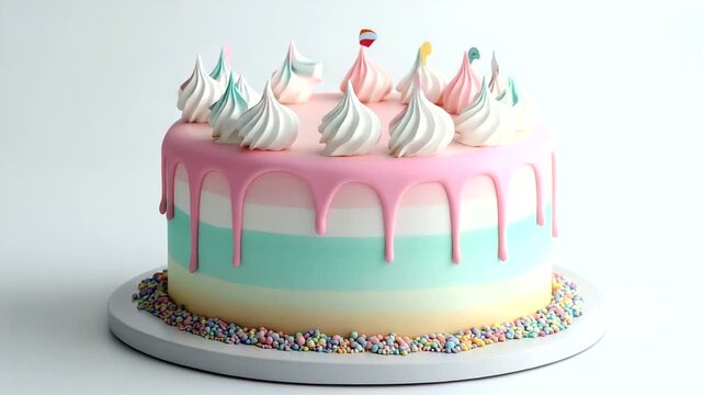 Colorful layer cake with decorative frosting and sprinkles