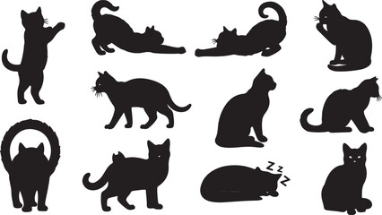 A versatile set of black cat silhouettes featuring various feline poses including stretching, sitting, walking, sleeping, and playful Halloween-style characters. © crea8ive