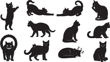 A versatile set of black cat silhouettes featuring various feline poses including stretching, sitting, walking, sleeping, and playful Halloween-style characters. © crea8ive