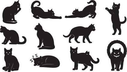 A versatile set of black cat silhouettes featuring various feline poses including stretching, sitting, walking, sleeping, and playful Halloween-style characters. © crea8ive