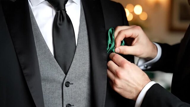 Man Folds Green Pocket Square for Suit