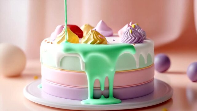 Colorful layered cake with decorative toppings displayed