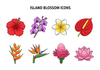 Collection of vibrant tropical island flower illustrations including hibiscus, orchid, plumeria, anthurium, bird of paradise, ginger, and lotus