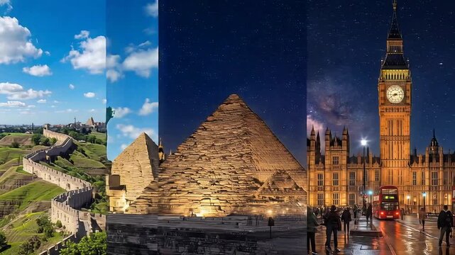 world landmarks collage featuring eiffel tower, colosseum, taj mahal