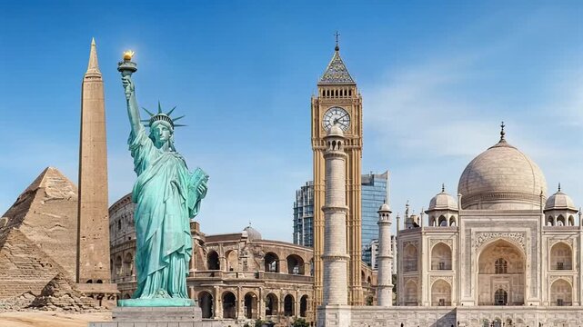 world landmarks collage with eiffel tower statue of liberty taj mahal big ben pyramids