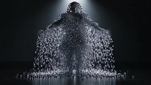 Abstract Digital Human Figure Made of Glowing Particles Dissolving Into Light Dust in Dark Studio