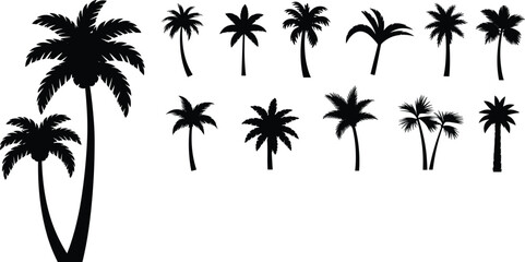 Fototapeta premium Silhouette of Tropical Palm Trees Collection Isolated on White Background, Black Exotic Beach and Island Nature Set for Graphic Design