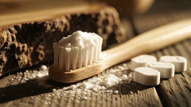 Bamboo Toothbrush with White Powder and Tablets on Rustic Wooden Surface in Warm Sunlight