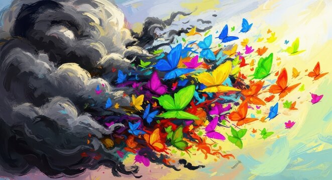 Vivid colorful butterflies emerge dynamically from a mass of dark swirling shapes