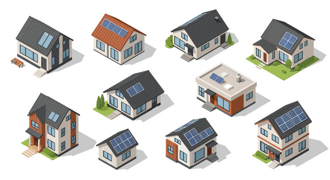 A diverse collection of nine modern isometric houses, each with solar panels on their roofs, stands on a clean white background.