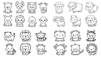 Obraz premium Black and white hand drawn kawaii farm and zoo animal faces icon set, perfect for kids coloring pages, stickers, mascots, educational prints and simple logo design.