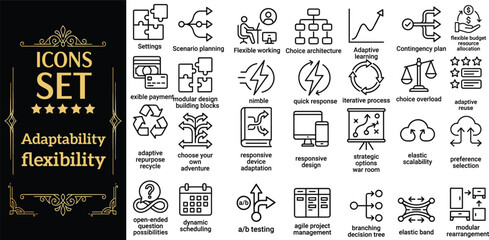 Icon Set Illustrating Adaptability and Flexibility Concepts with Various Symbols and Graphics