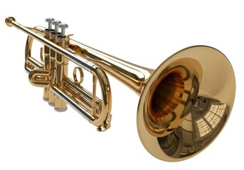 Obraz premium Gleaming brass wind instrument with valves angled diagonally against a white background