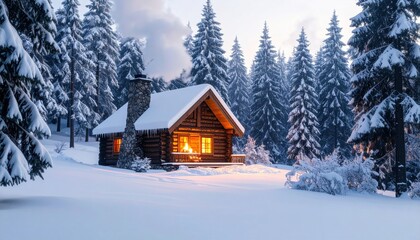 Cozy log cabin nestled amongst snow-covered pine trees during a serene winter landscape