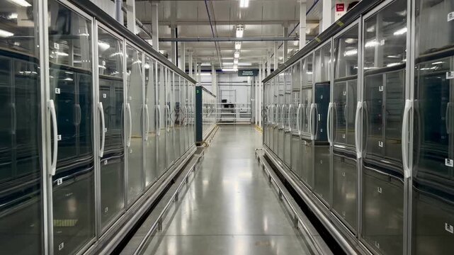 Wide perspective of industrial glass door refrigerators in a modern warehouse. Professional cold storage facility for food logistics, temperature-controlled environment and retail supply chain.