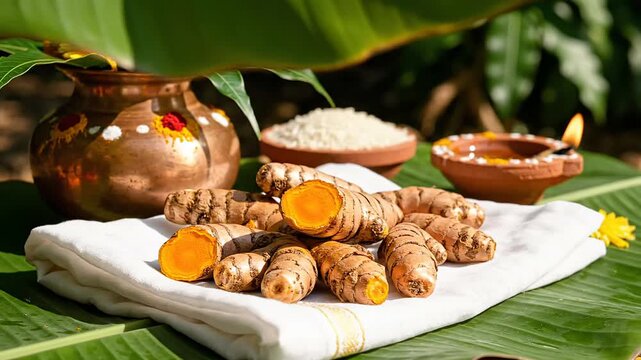 Fresh turmeric roots, rice, kalash, and diya beautifully arranged for a traditional ugadi puja celebration setup or south indian new year festival