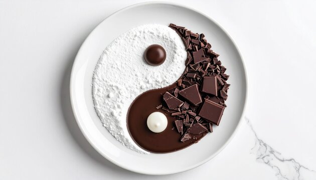 Decadent Dark Chocolate and Powdered Sugar Yin Yang Dessert on a White Plate