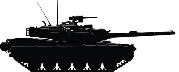 Black silhouette of modern battle tank side view with long barrel gun, armored turret, road wheels, military vehicle design symbolizing defense, combat readiness, and warfare technology © MstMarufa