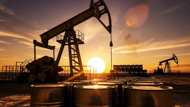 Oil pump jack operating at sunset with stacked barrels in foreground and distant industrial equipment under a dramatic orange sky