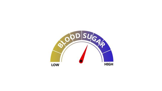 Animated Blood sugar meter increasing from normal to high level. Blood sugar Level Text or Word Low to High Meter Concept animation on transparent background. Health meter concept.