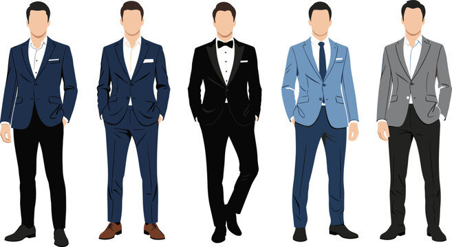 Five male figures in different formal suits including tuxedo and business attire, showcasing professional fashion styles, corporate identity, and elegant menswear vector illustration