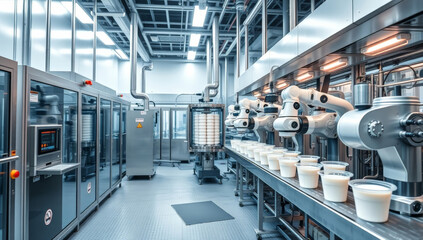Robotic arms filling yogurt cups on automated production line in modern dairy factory. Industrial food technology process