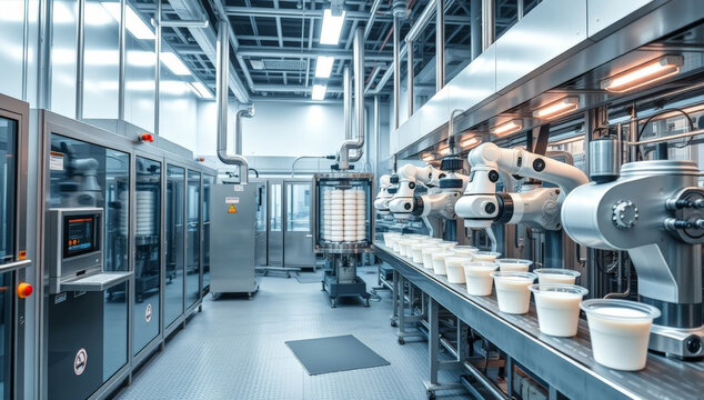 Robotic arms filling yogurt cups on automated production line in modern dairy factory. Industrial food technology process