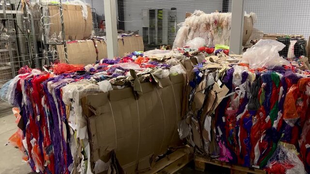 Bales of compressed plastic waste and cardboard on wooden pallets in a recycling facility. Industrial waste management and sorting process for sustainable environment and circular economy.