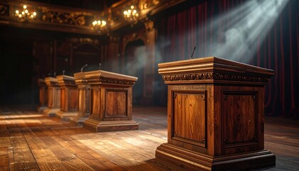 Naklejka premium Empty Ornate Wooden Podiums on a Stage Ready for a Formal Debate or Courtroom Presentation