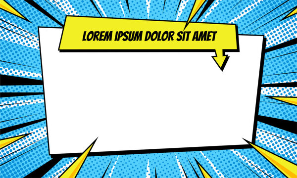 Retro Comic Book Banner Template with Blank Speech Bubble and Blue Halftone Rays
