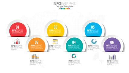 Obraz premium Six rounded infographics with different icons and charts for presentations and reports