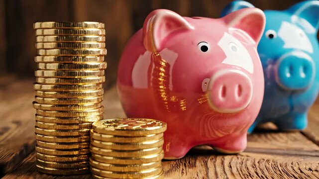 The piggy banks and stacks of coins are on a wooden table indoors.