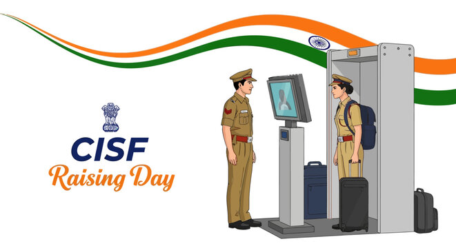 Illustration of CISF security personnel screening luggage at an airport on CISF Raising Day with a patriotic theme and Indian flag colors