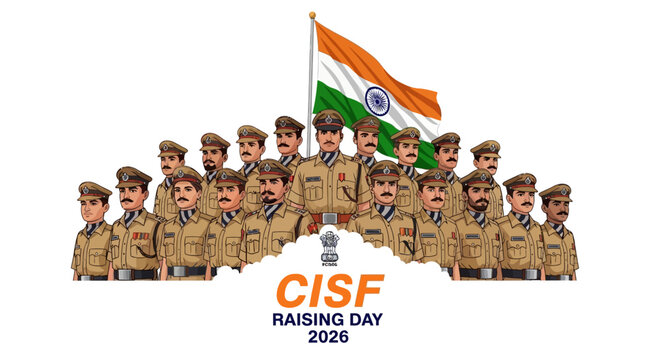 Illustration of CISF personnel with Indian flag on CISF Raising Day 2026, celebrating Central Industrial Security Force's anniversary in a patriotic event.