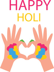 Obraz premium Happy holi text with hands forming heart shape holding colorful paint splashes vector illustration