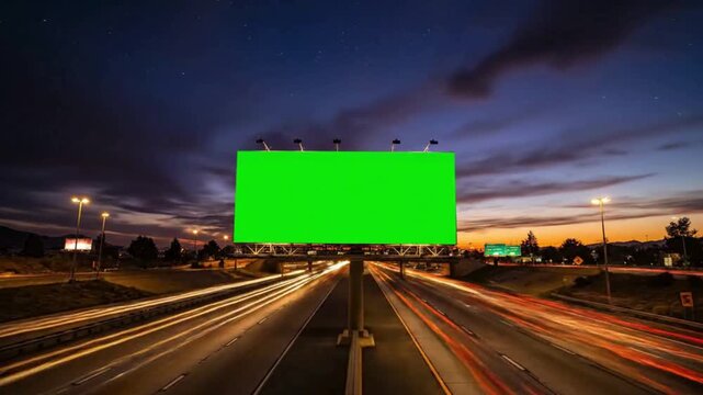 A green screen billboard stands over a busy highway at night with long exposure light trails from passing cars.