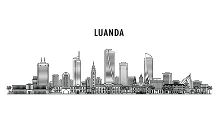 Obraz premium A detailed black outline drawing shows Luanda city skyline with many high-rise buildings and palm trees on a white backdrop.