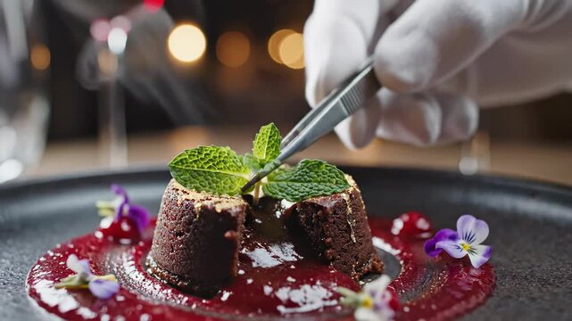 Gourmet Chocolate Dessert with Fresh Mint Garnish and Edible Flowers.