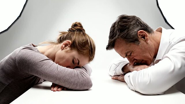 Man and woman resting heads on table together in studio setting with softbox lighting