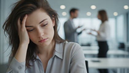 Obraz premium Stressed young woman in modern office, overworked employee feeling tired at work, businesswoman suffering burnout