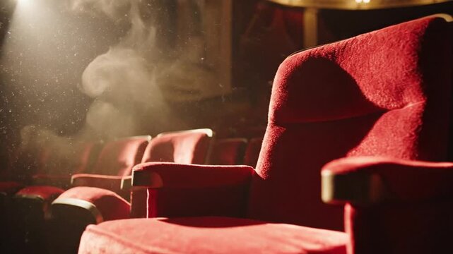 Empty plush velvet theater car brand bathed in spotlight with surrounding rows in a dim cinema