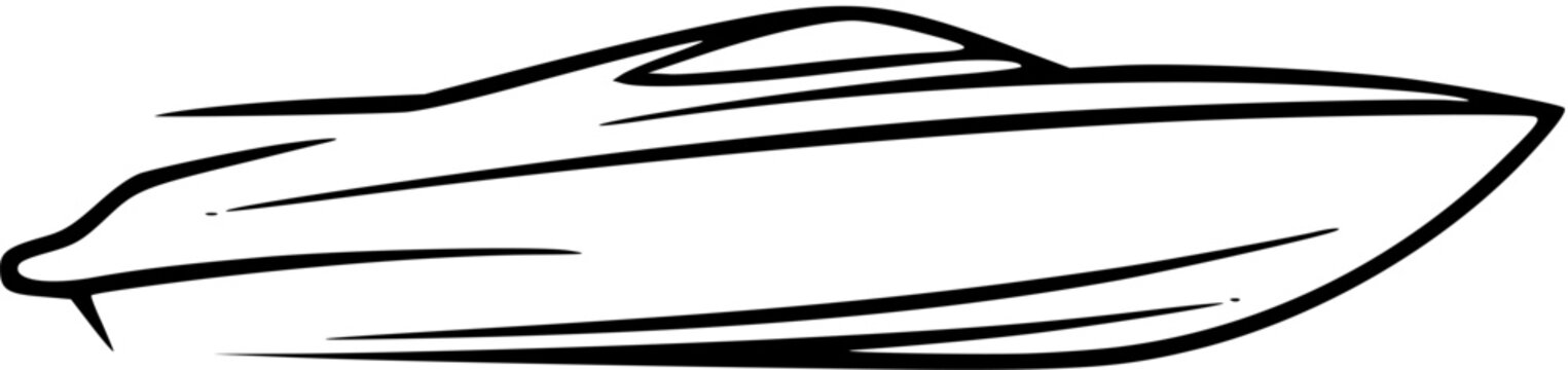 Black and white outline drawing of a sleek speedboat, simple modern powerboat line art illustration isolated on white