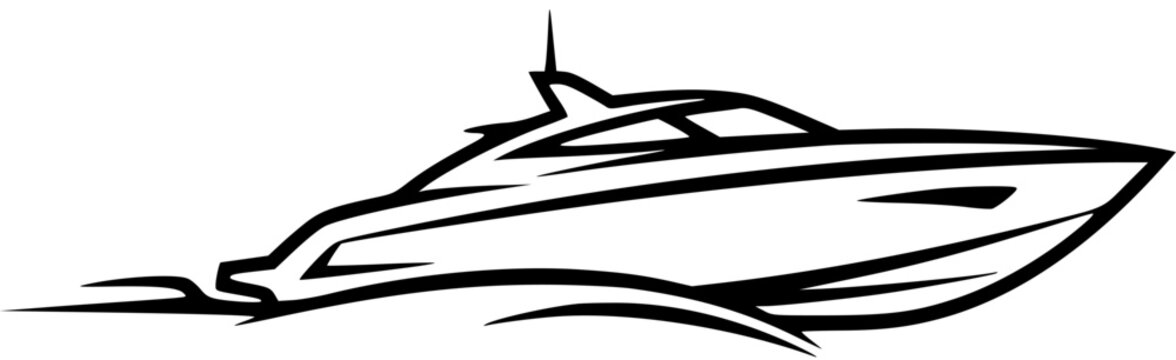 Sleek Modern Speedboat Yacht Outline Vector Illustration Cruising on Water