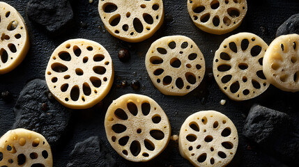 Fototapeta premium Lotus root slices arranged on dark surface with charcoal pieces, textured circular slices and holes creating geometric pattern and earthy mood